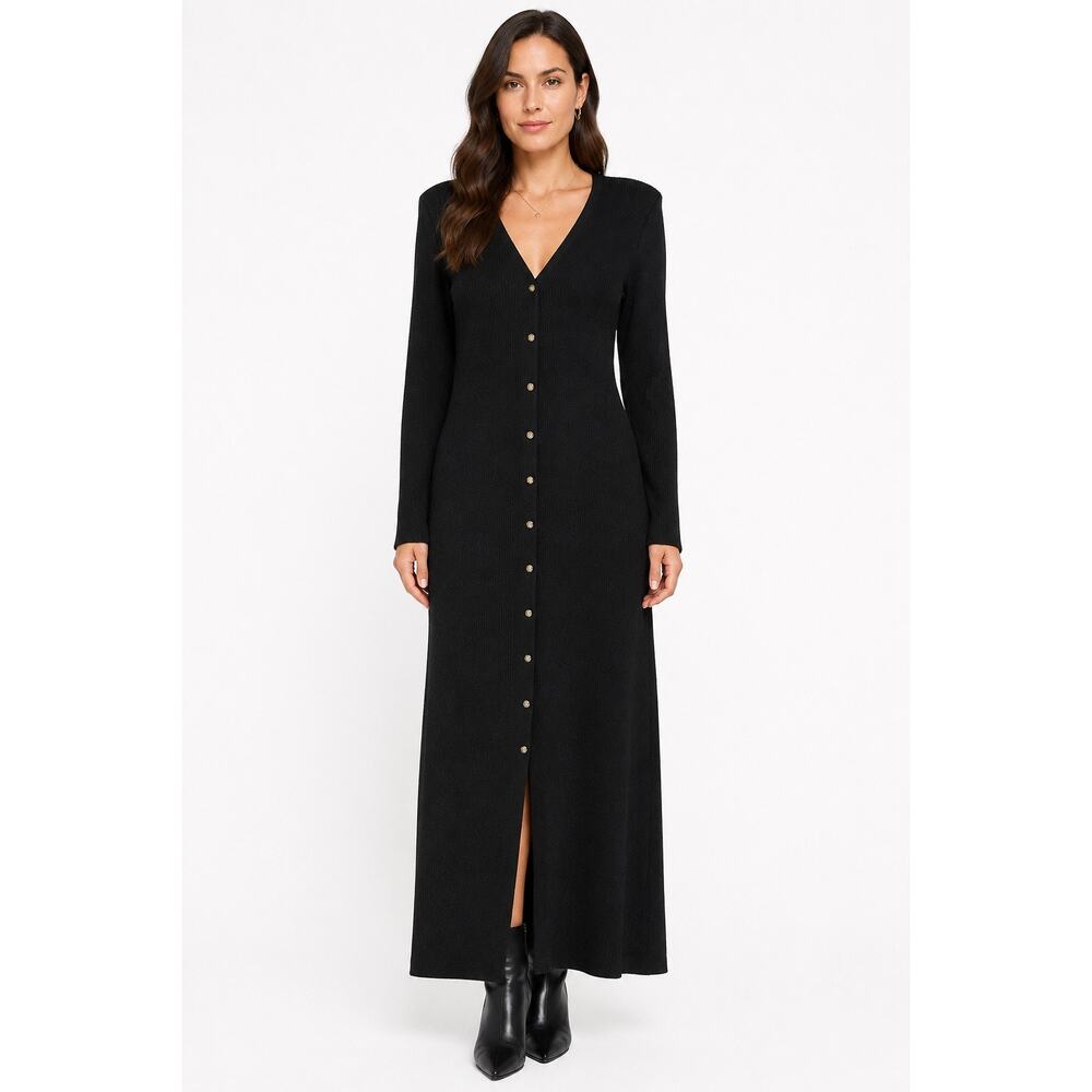 1990s Carole Little Black Ribbed Metal Button Maxi Dress Women’s M/L